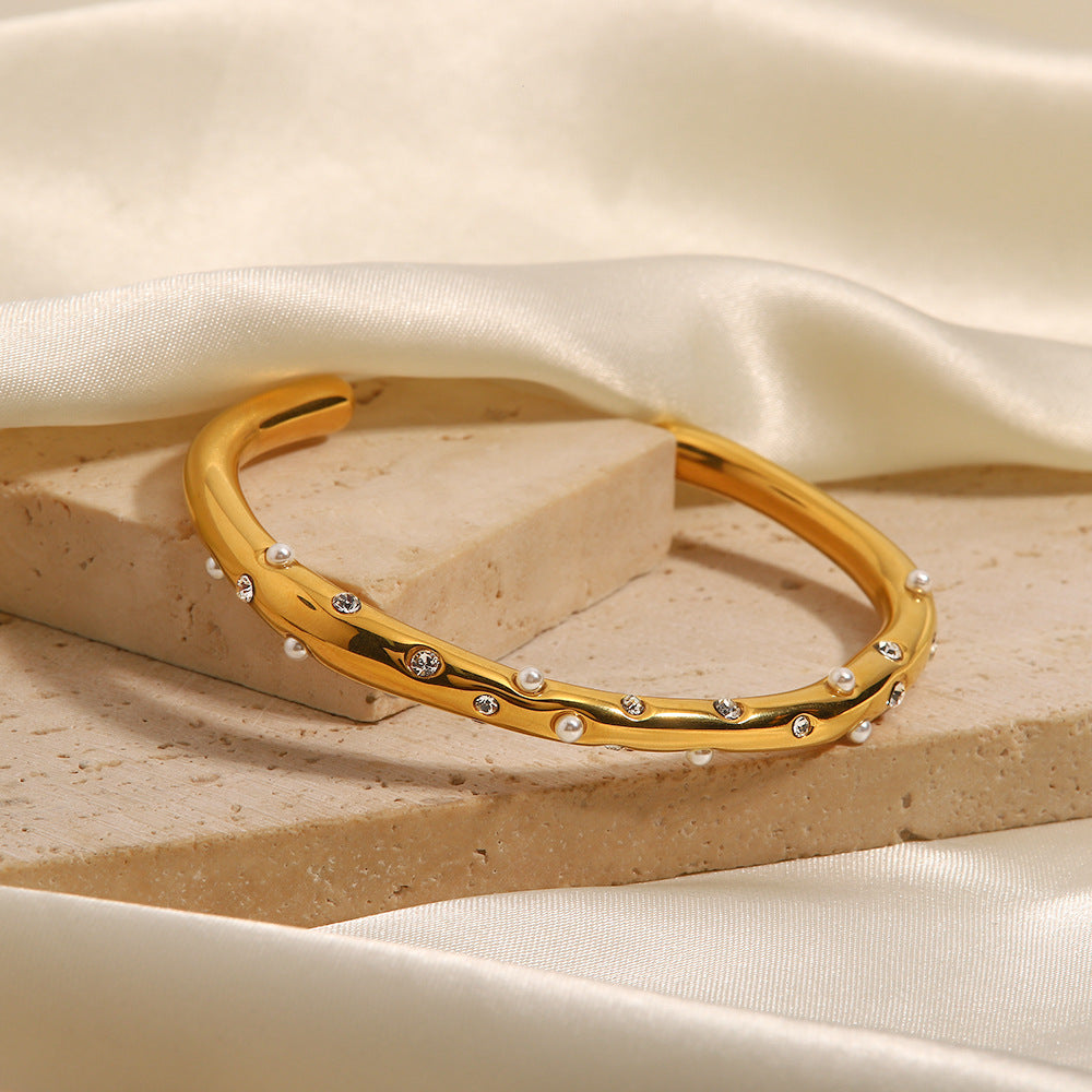 Orla Pearl & Diamond Gold Bangle