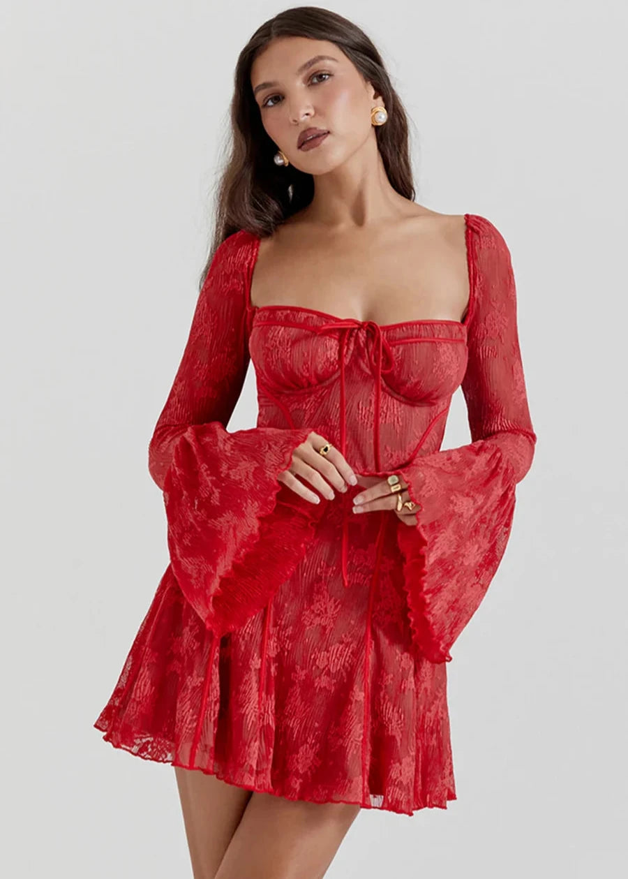 Self-Tie Lace Long Sleeve Dress - Vibrant Red