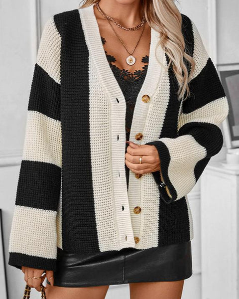 Striped Knitted Cardigan - Monochrome Chic