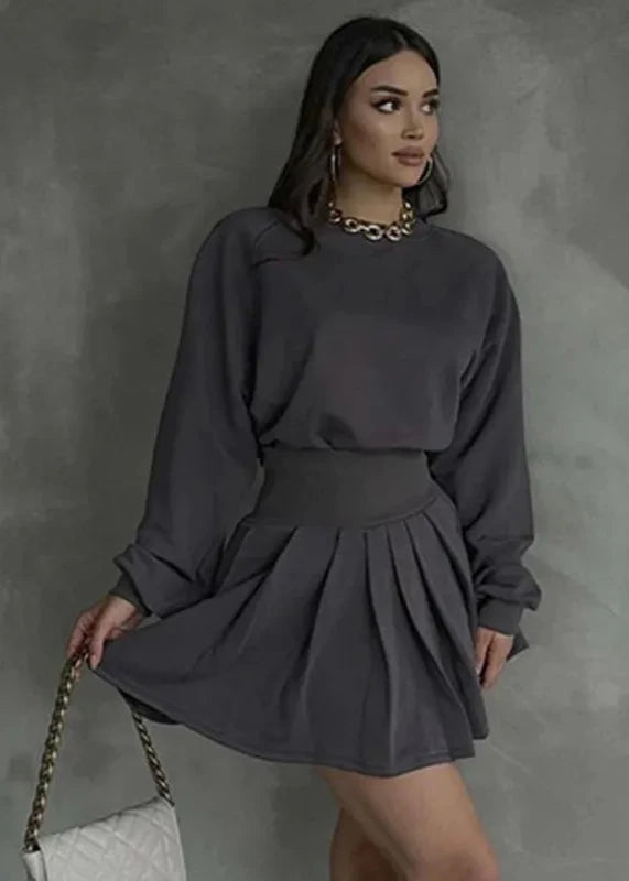 Effortless Charm - Gray Long Sleeve Sweater & Pleated Skirt Set