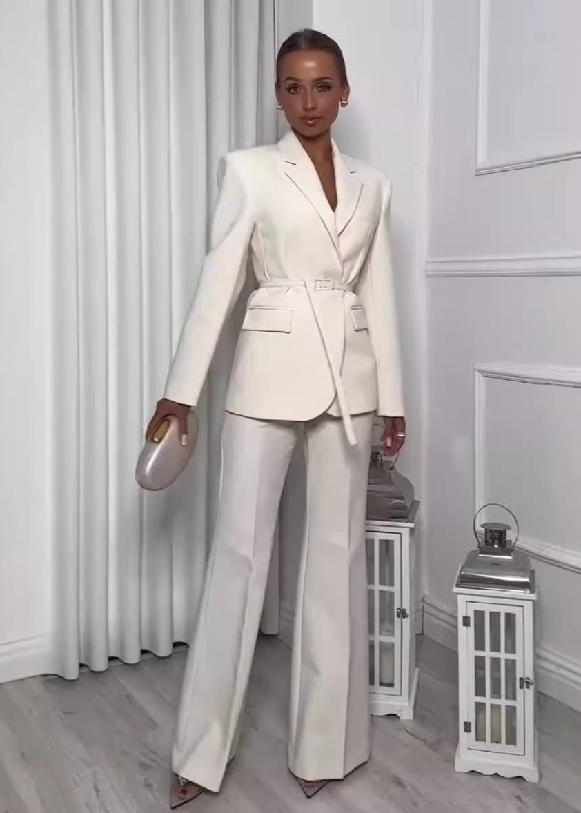 Elegant Belted Blazer & Trouser Business Suit Set - Ivory