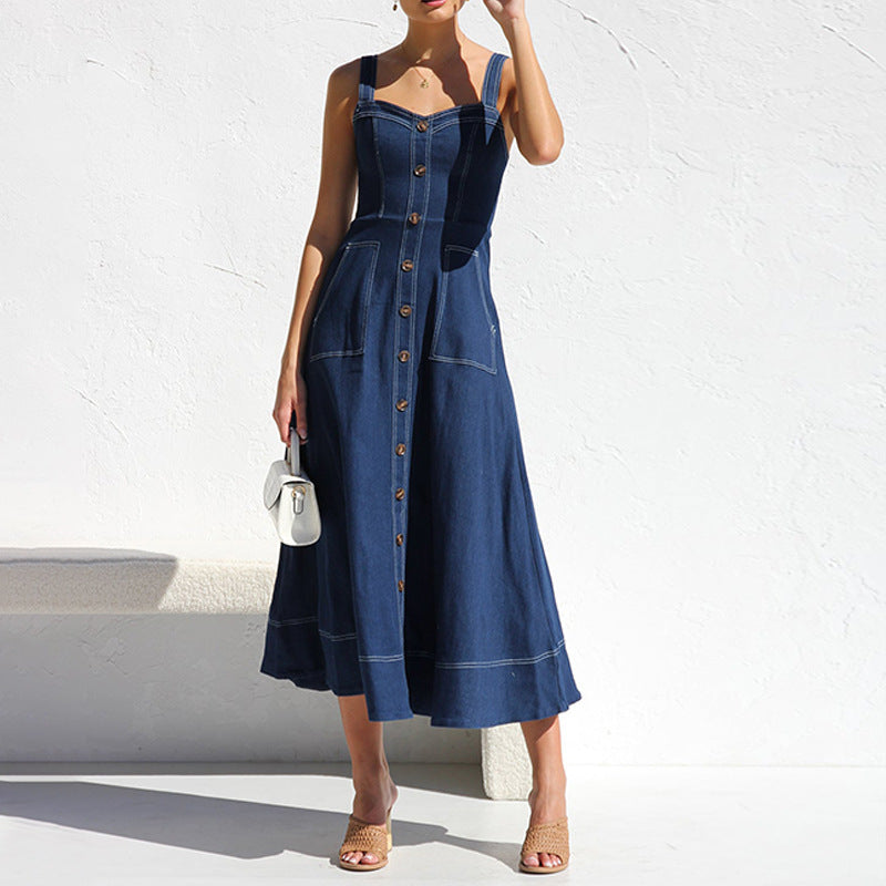 Robe mi-longue boutonnée en denim Santorini Indigo