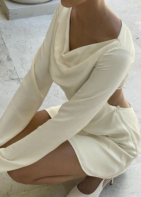 Ivory Satin Mini Dress – Long Sleeve Open Back Cocktail Dress