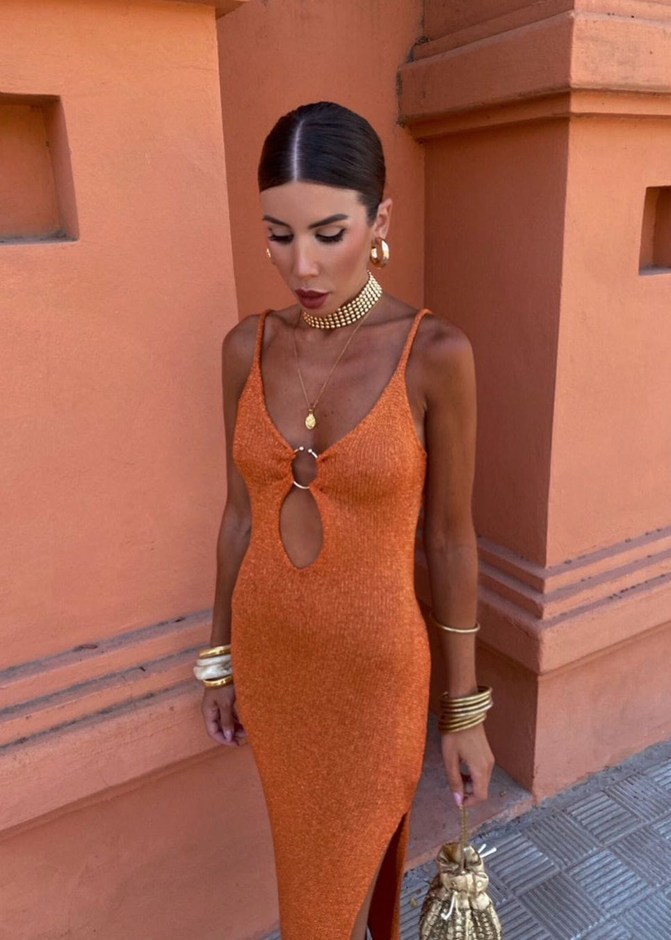 Sienna Ring Detail Knit Maxi Dress – Rust Bodycon with Side Slit
