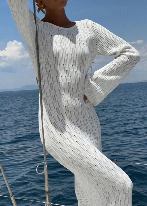 Coastal Allure - Open Back White Knit Maxi Dress