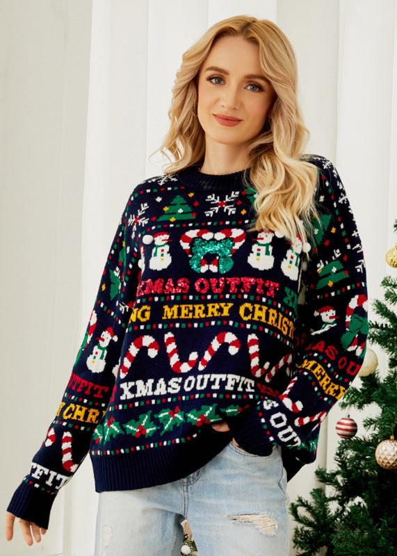 Christmas Tree Round Neck Ice Man Sequined Sweater - VibeSoothe