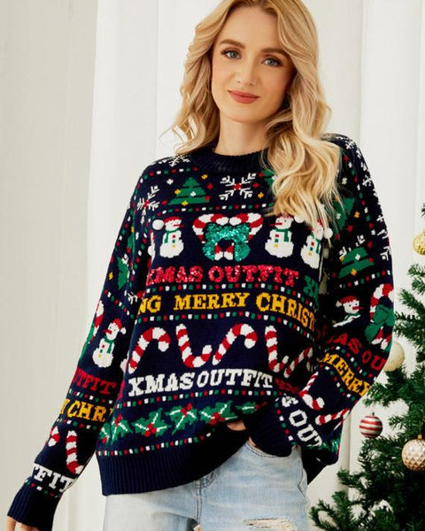 Christmas Tree Round Neck Ice Man Sequined Sweater - VibeSoothe