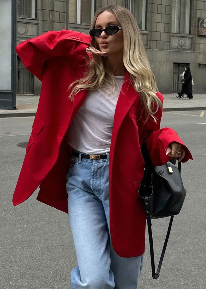 Bold Feminine Red Shoulder Pad Blazer with Pockets