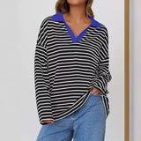 Casual Long Sleeve Color Matching Neckline Embroidered Pullover Sweatshirt - VibeSoothe