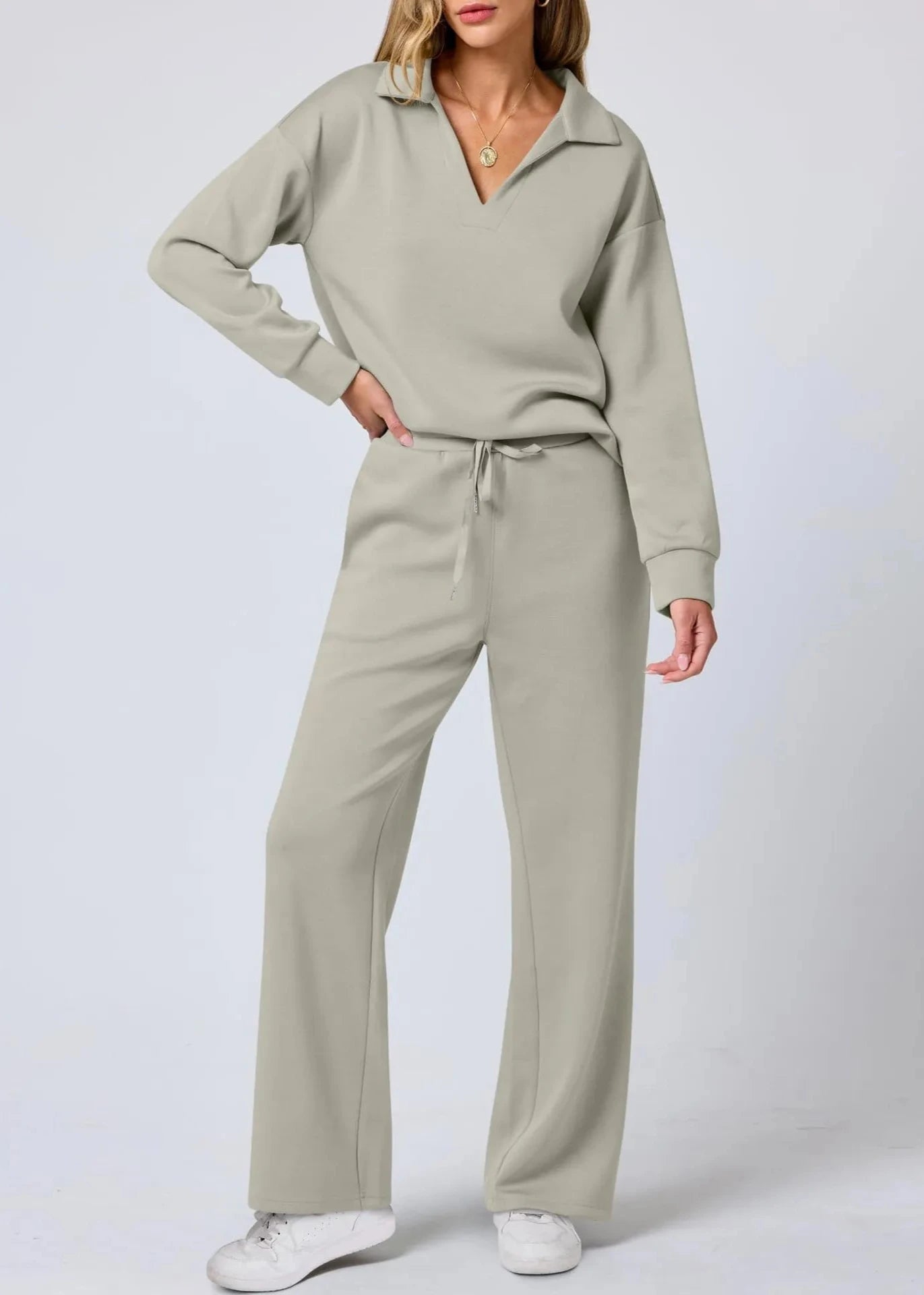 Ontspannen Kraag Pullover & Wijde Pantalon Set