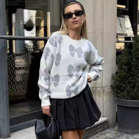 Printed Butterfly Round Neck Loose Knitwear Pullover Sweater