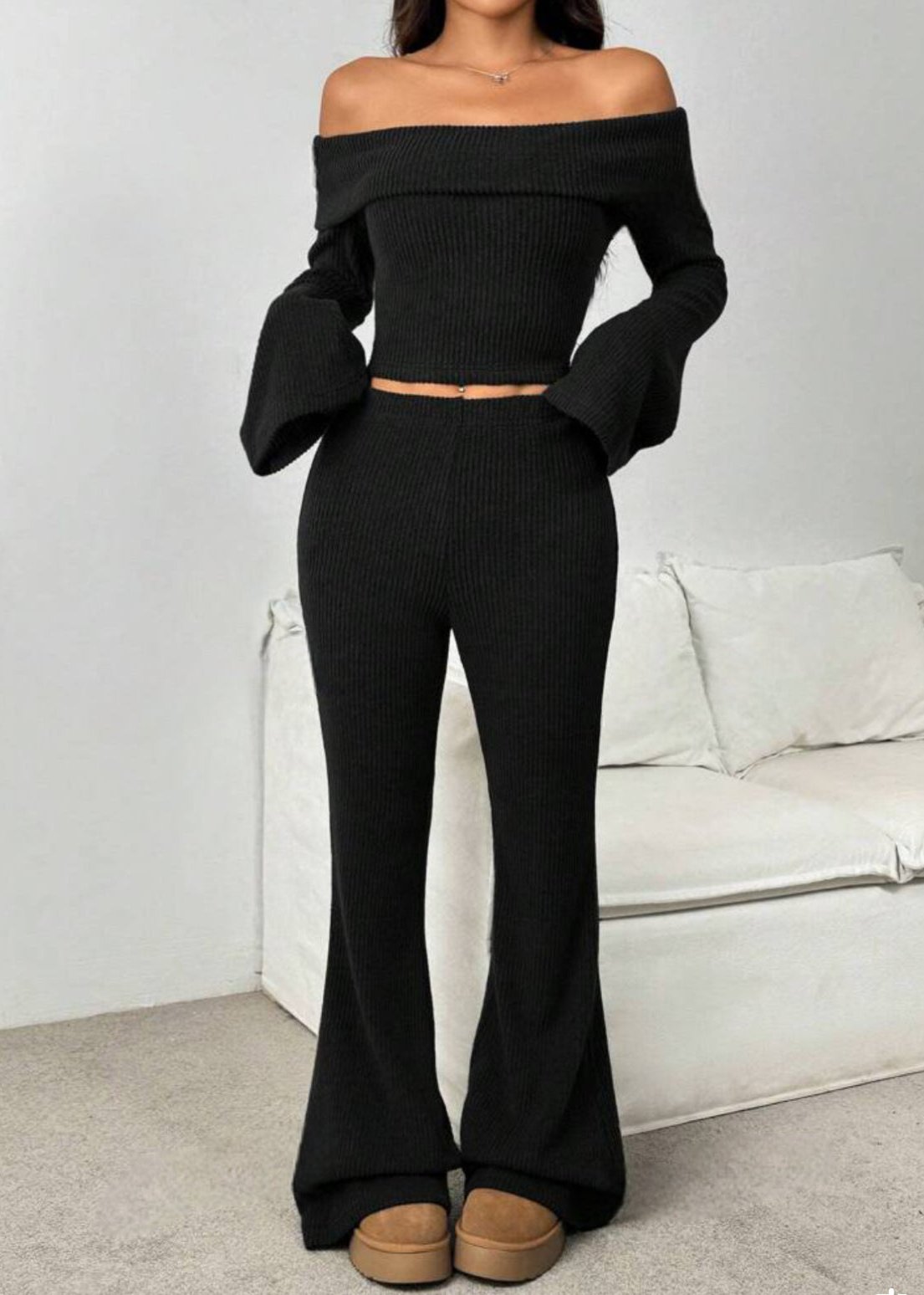 Off-the-Shoulder Ribbed Knit Lounge Set