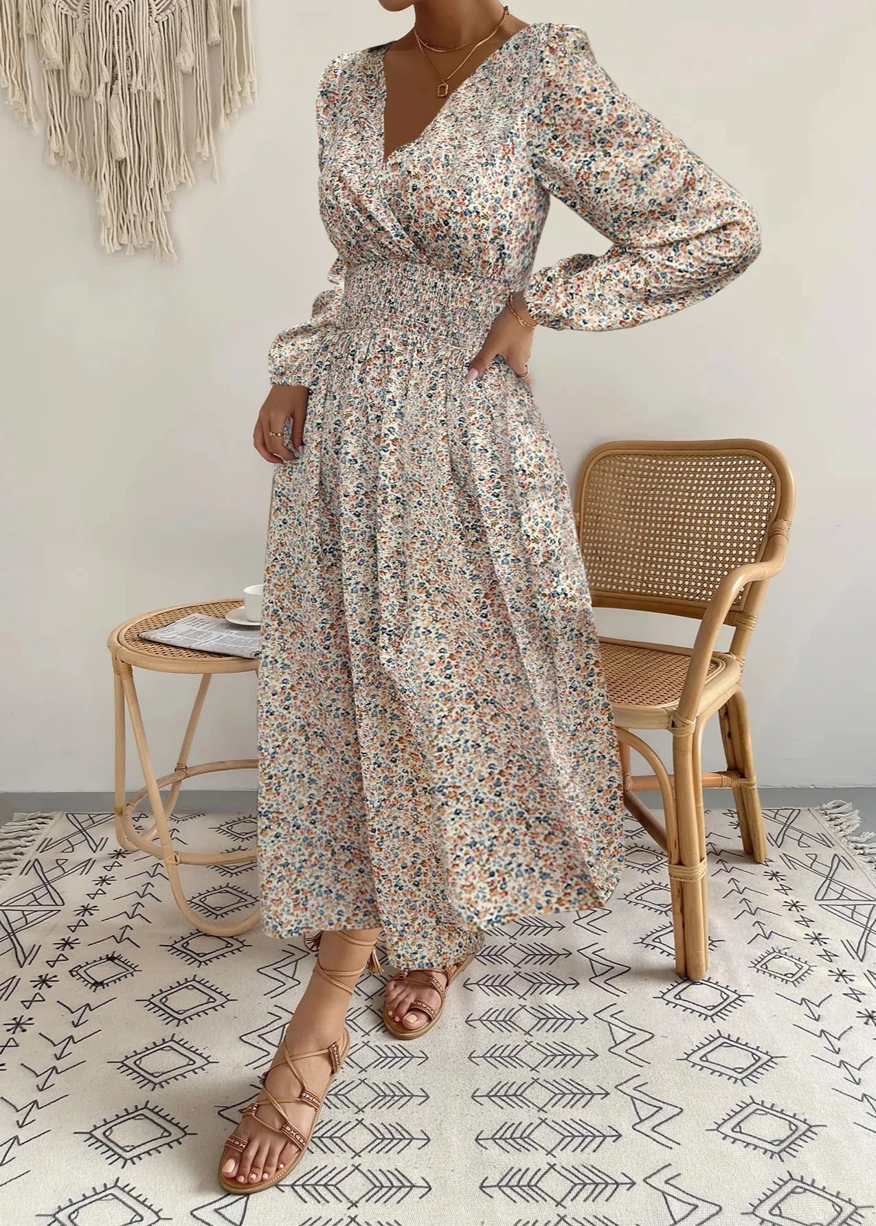 V-Neck Floral Print Long Sleeve Dress