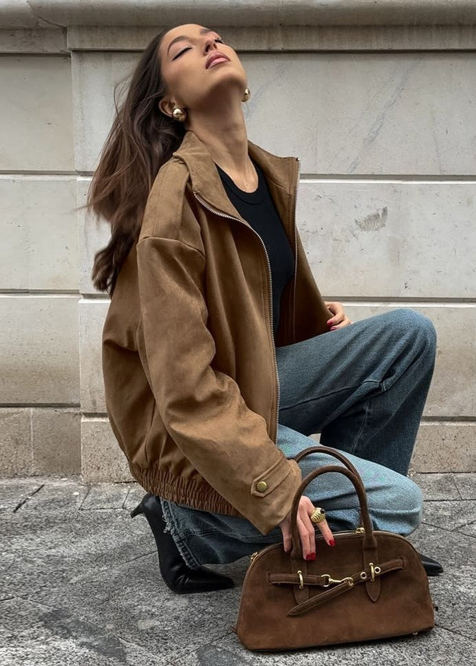Chaqueta bomber de ante sintético Sienna – Sobredimensionada con cremallera y hombros caídos
