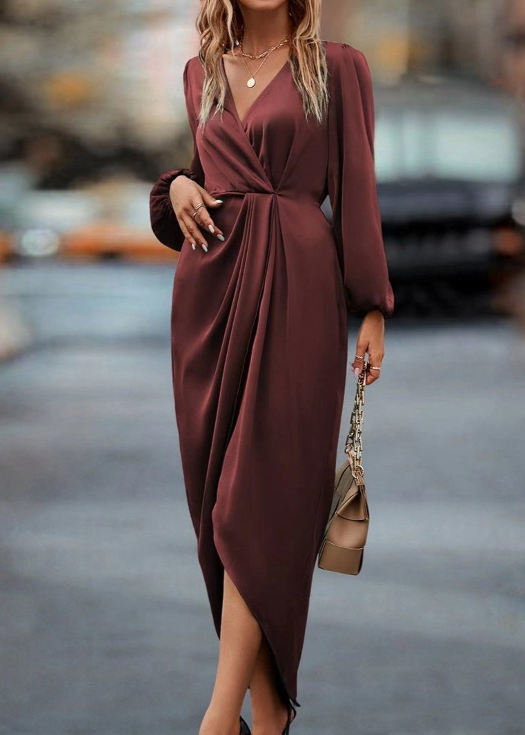 Elegant Wine Red Draped V-Neck Midi Dress