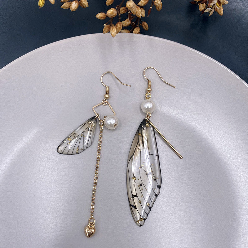 Butterfly Wing Grey Gold Foil Cicada Wing Tassel Earrings - VibeSoothe