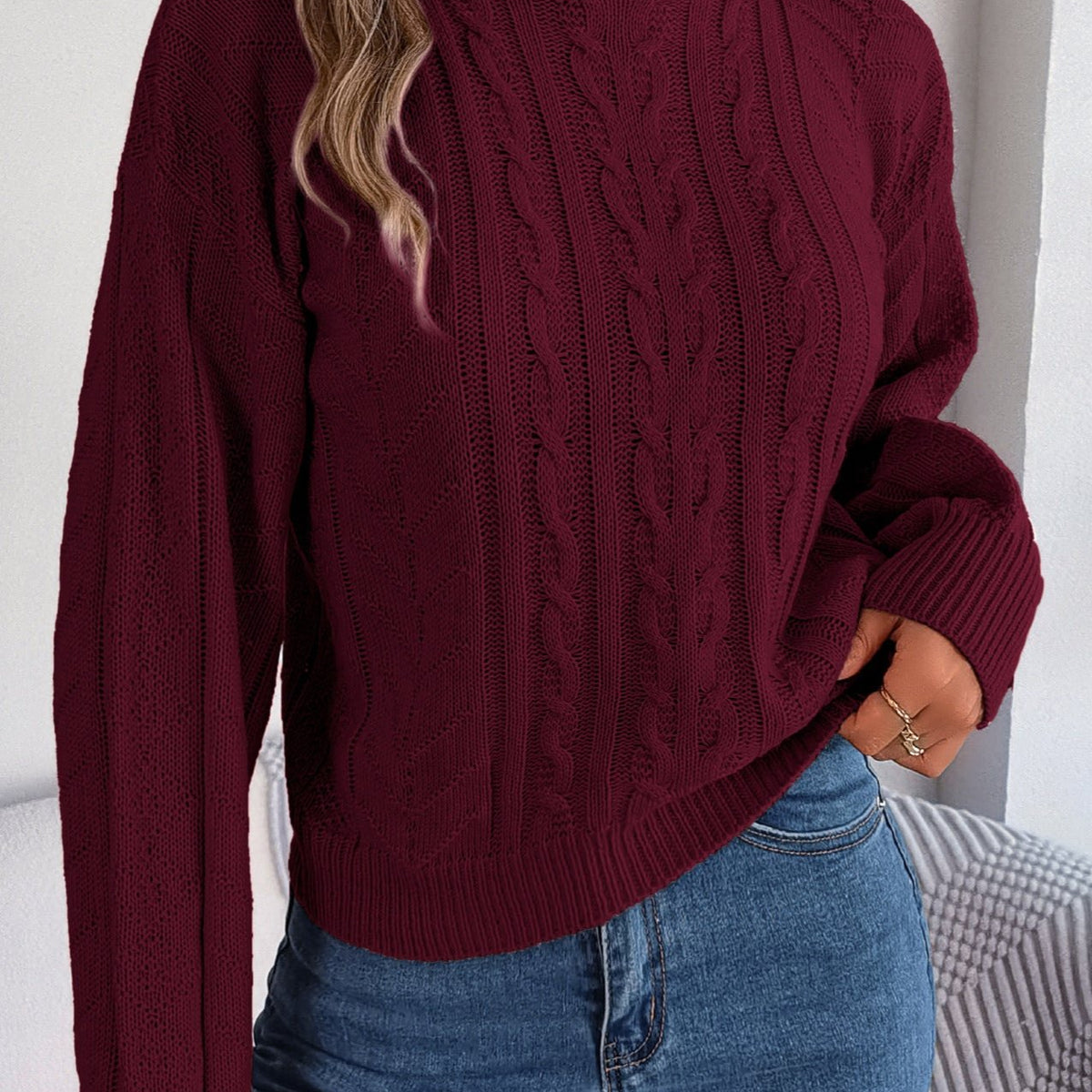 Loose High Collar Twist Long Sleeve Knitted Pullover Sweater