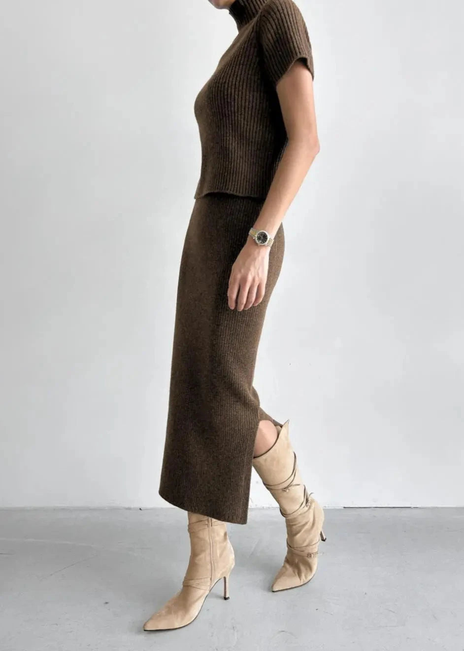 Minimalist Mock Neck Knit Skirt Set