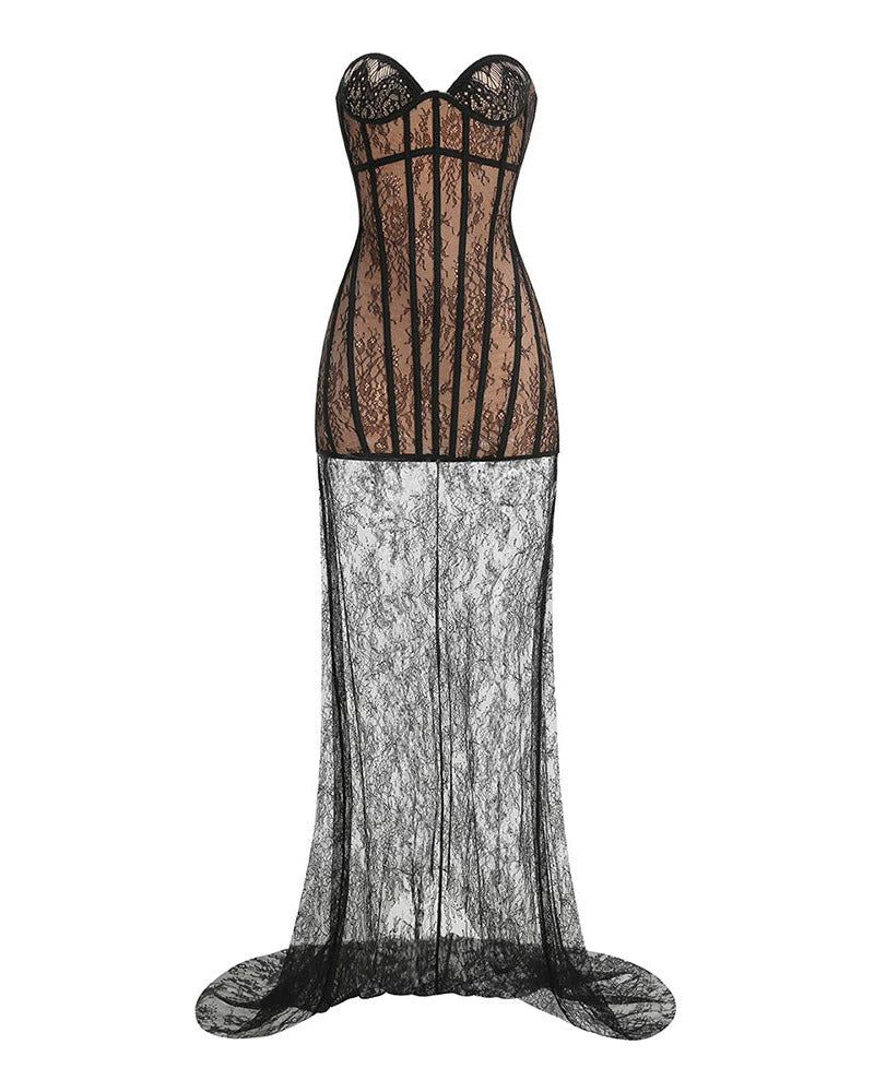 Black Lace Corset Evening Gown with Sheer Maxi Skirt and Train