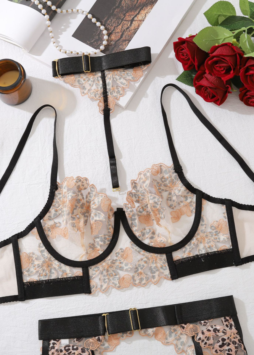 Leona - Embroidered Leopard Mesh Lingerie Set