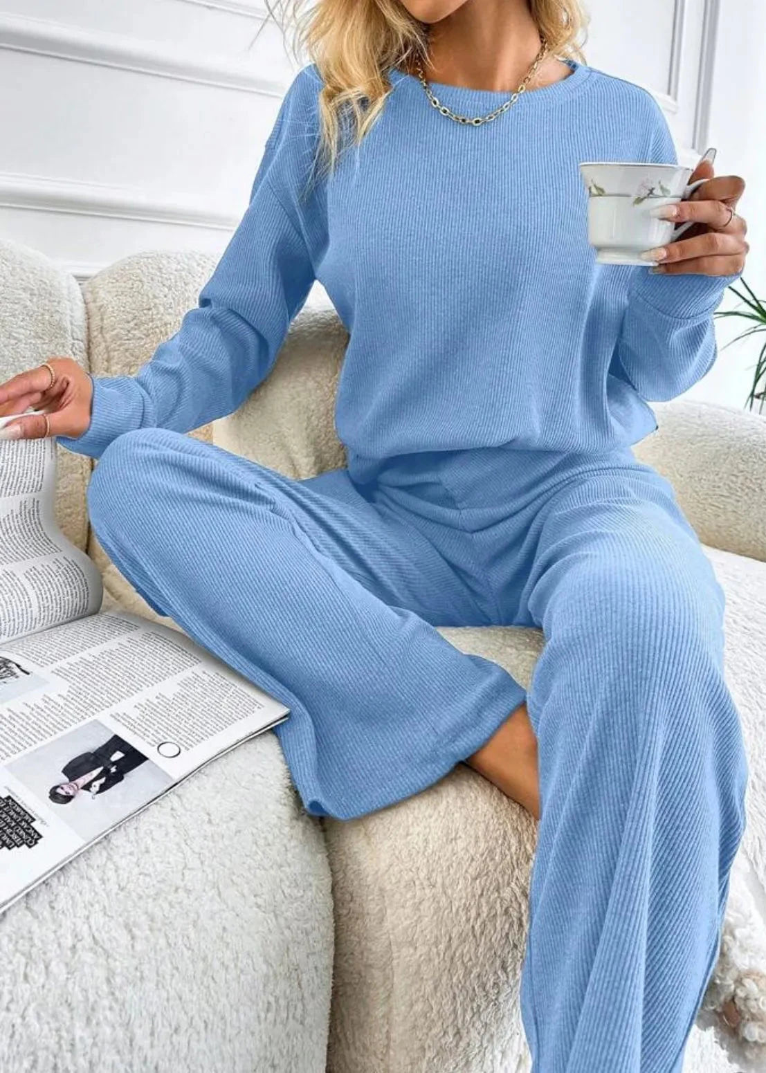 Sky Blue Ribbed Knit Lounge Set