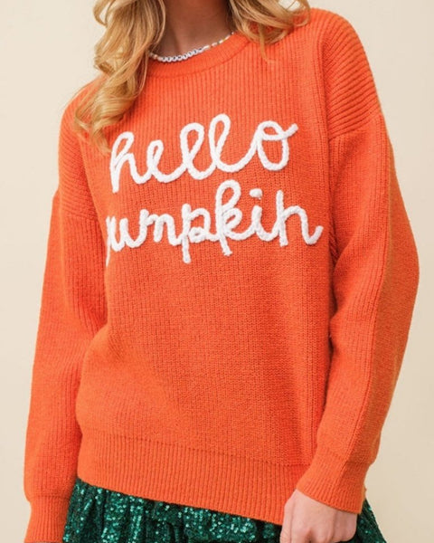 "Hello Pumpkin" Halloween Contrast Pullover Sweater