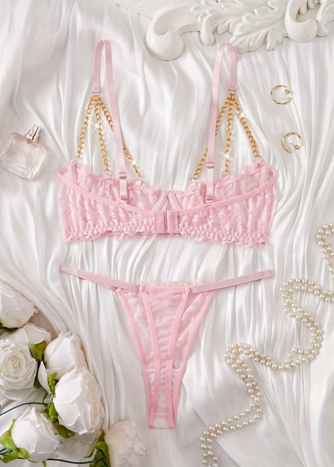 Blush Chain Detail Lace Lingerie Set – Pink Bra & Thong Ensemble for Women