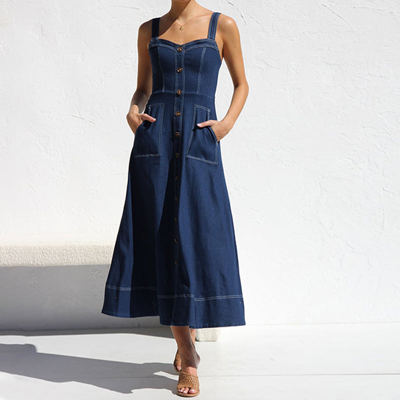 Robe mi-longue boutonnée en denim Santorini Indigo