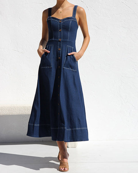 Santorini Indigo - Denim Button-Down Midi Dress