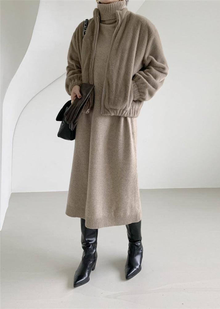 Timeless Elegance - High Collar Wool Sweater Dress