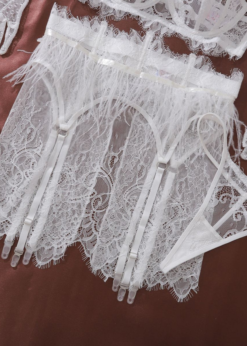 Feather Lace Lingerie Set with Gloves – White Bridal 3-Piece