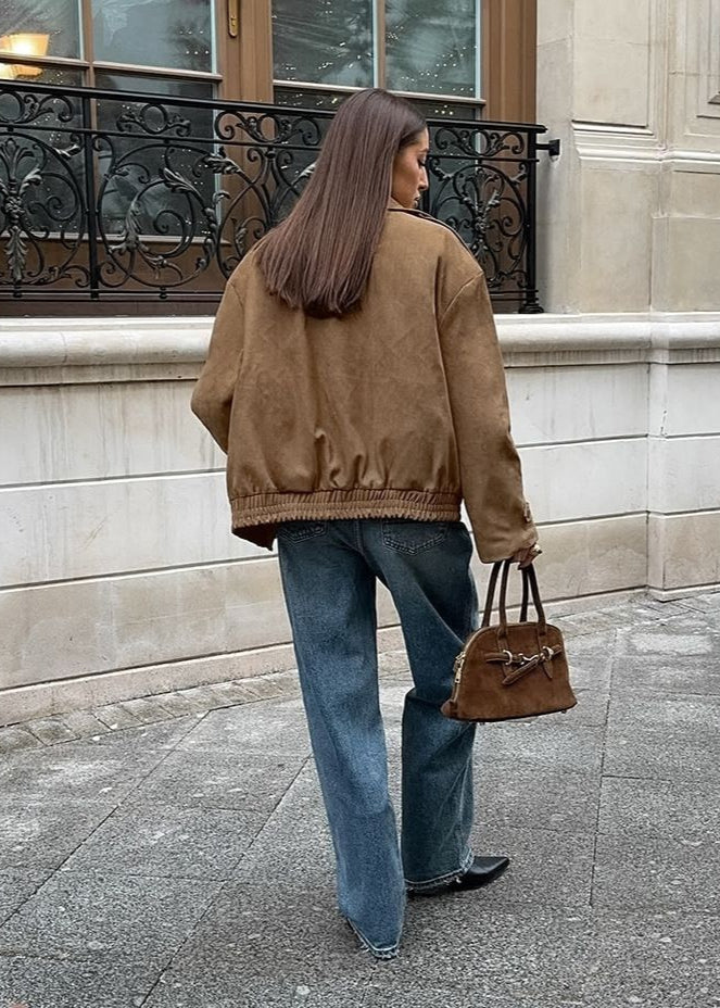 Chaqueta bomber de ante sintético Sienna – Sobredimensionada con cremallera y hombros caídos