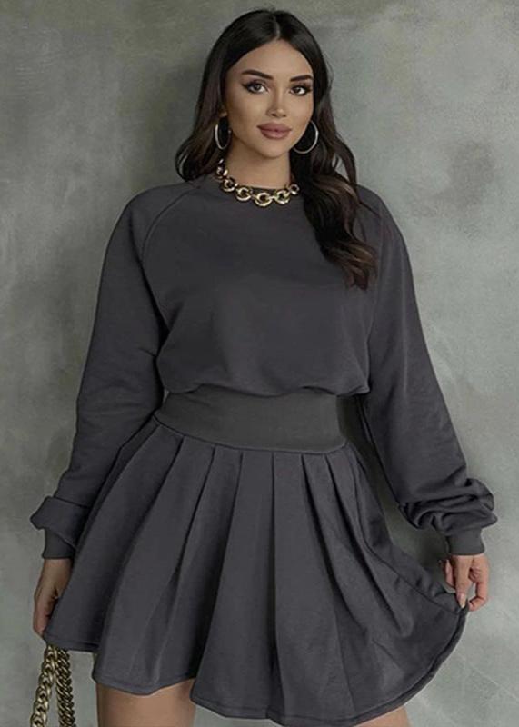 Effortless Charm - Gray Long Sleeve Sweater & Pleated Skirt Set