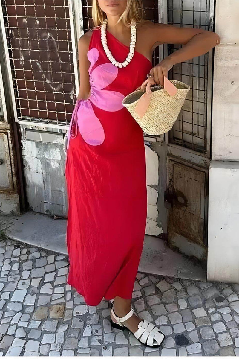 Poppy - Robe midi rouge à une épaule à imprimé floral