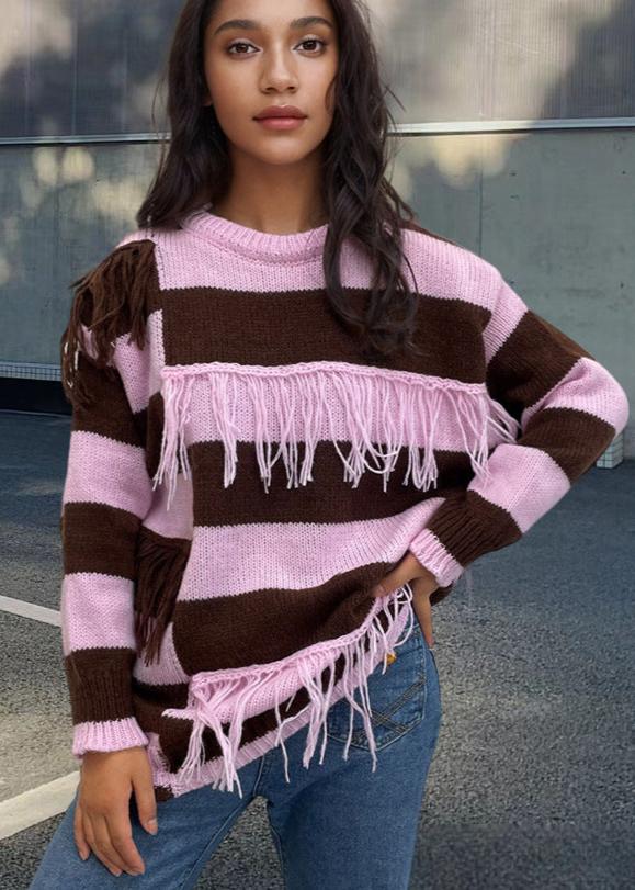 Contrast Color Tassel Sweater Sweater Striped - VibeSoothe