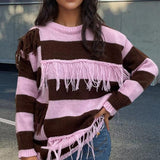 Contrast Color Tassel Sweater Sweater Striped - VibeSoothe