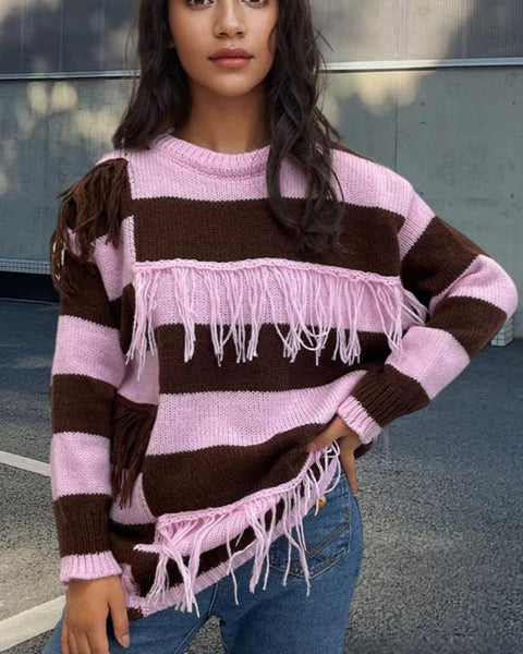 Contrast Color Tassel Sweater Sweater Striped - VibeSoothe