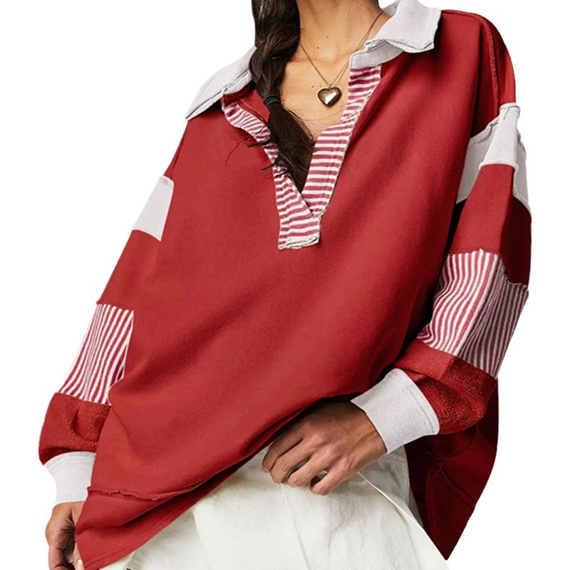 Loose V-neck Casual Long Sleeve Pullover Split Patchwork Sweater - VibeSoothe