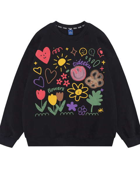 Round Neck Loose Pullover Ins Couples Niche Floral Print Sweatshirt