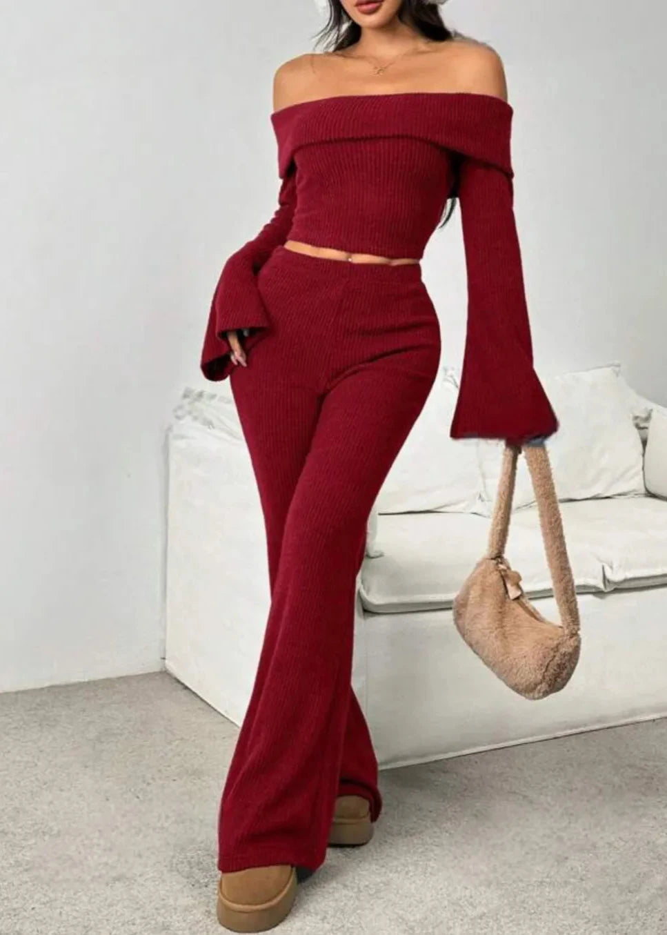 Burgundy Off-the-Shoulder Ribbed Knit Set