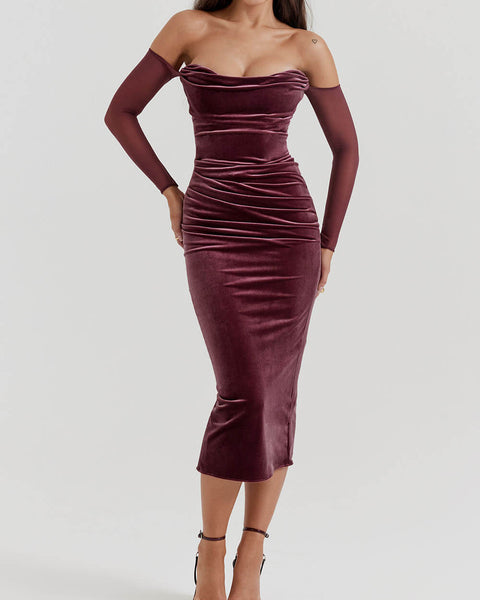 Velvet-Elegance Off-Shoulder Midi Dress