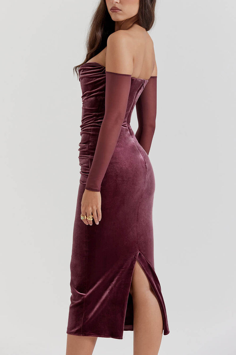 Velvet-Elegance Off-Shoulder Midi Dress