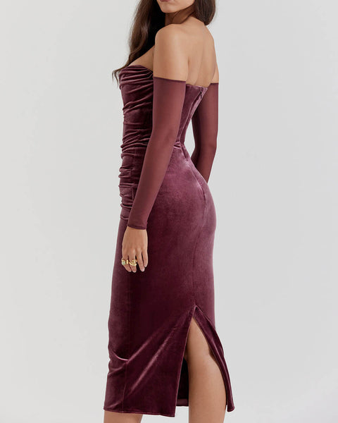 Velvet-Elegance Off-Shoulder Midi Dress