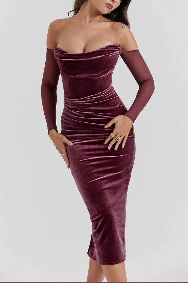 Velvet-Elegance Off-Shoulder Midi Dress