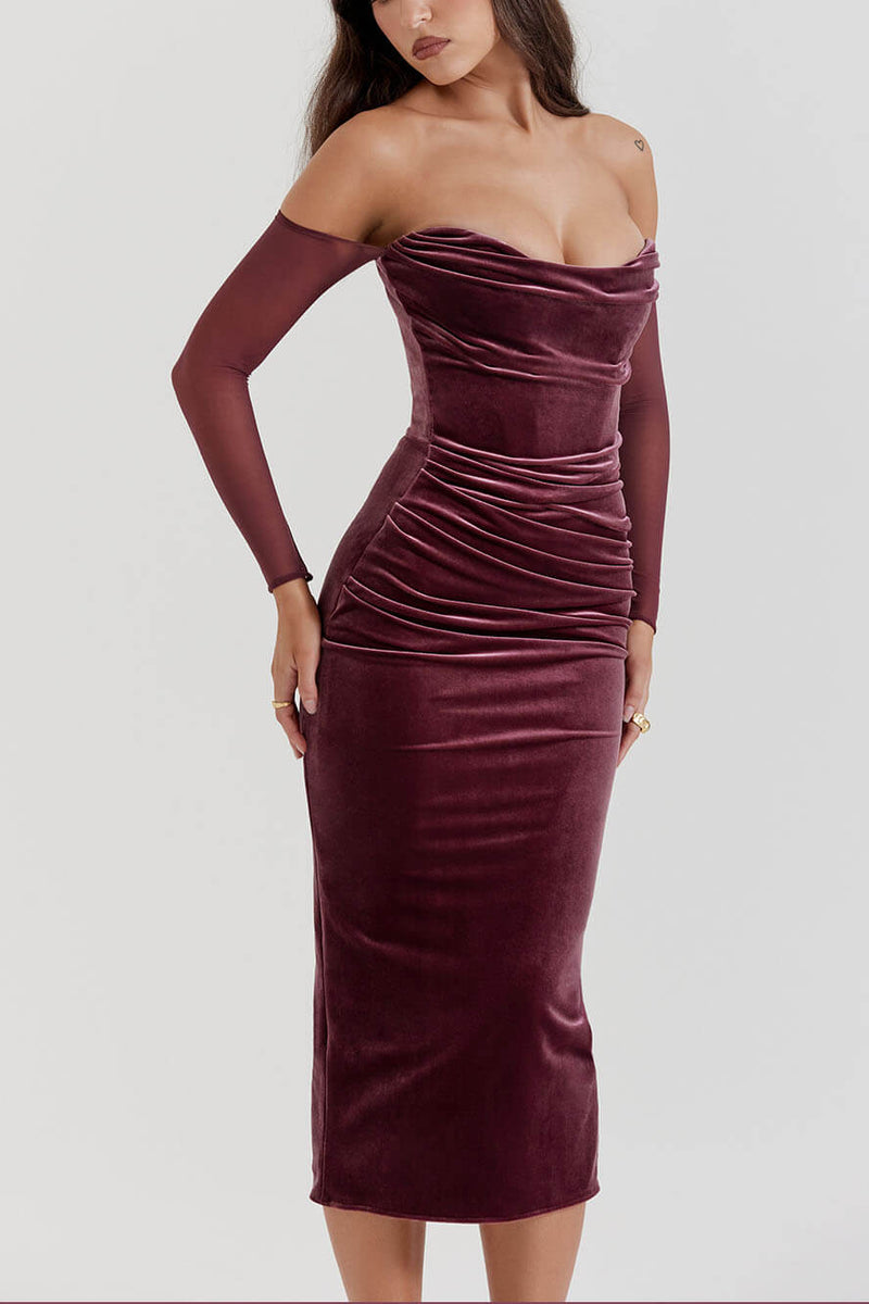 Velvet-Elegance Off-Shoulder Midi Dress