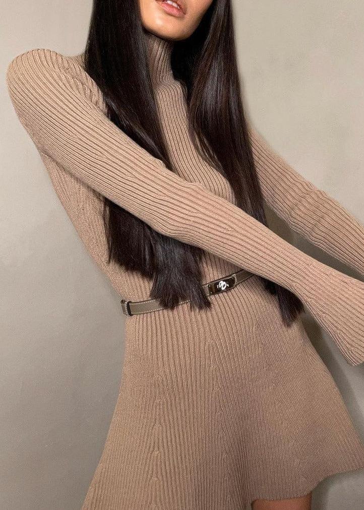 Autumn Chic - Ribbed Knit Turtleneck A-Line Dress