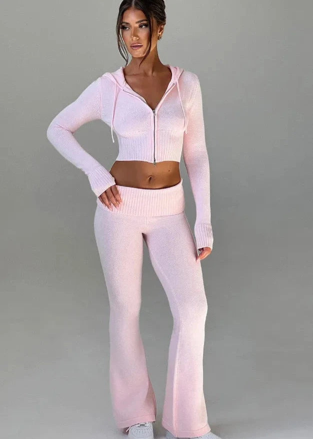 Ensemble Sweat à Capuche Ajusté et Pantalons Évasés Bliss Knit