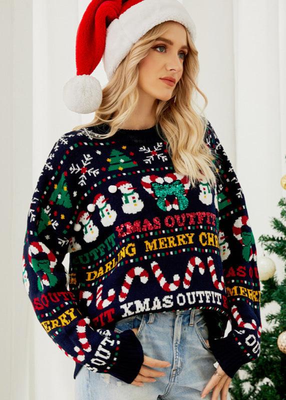 Christmas Tree Round Neck Ice Man Sequined Sweater - VibeSoothe