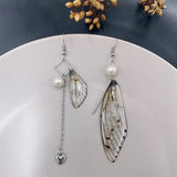 Butterfly Wing Grey Gold Foil Cicada Wing Tassel Earrings - VibeSoothe