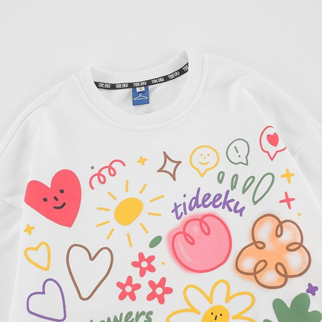 Round Neck Loose Pullover Ins Couples Niche Floral Print Sweatshirt